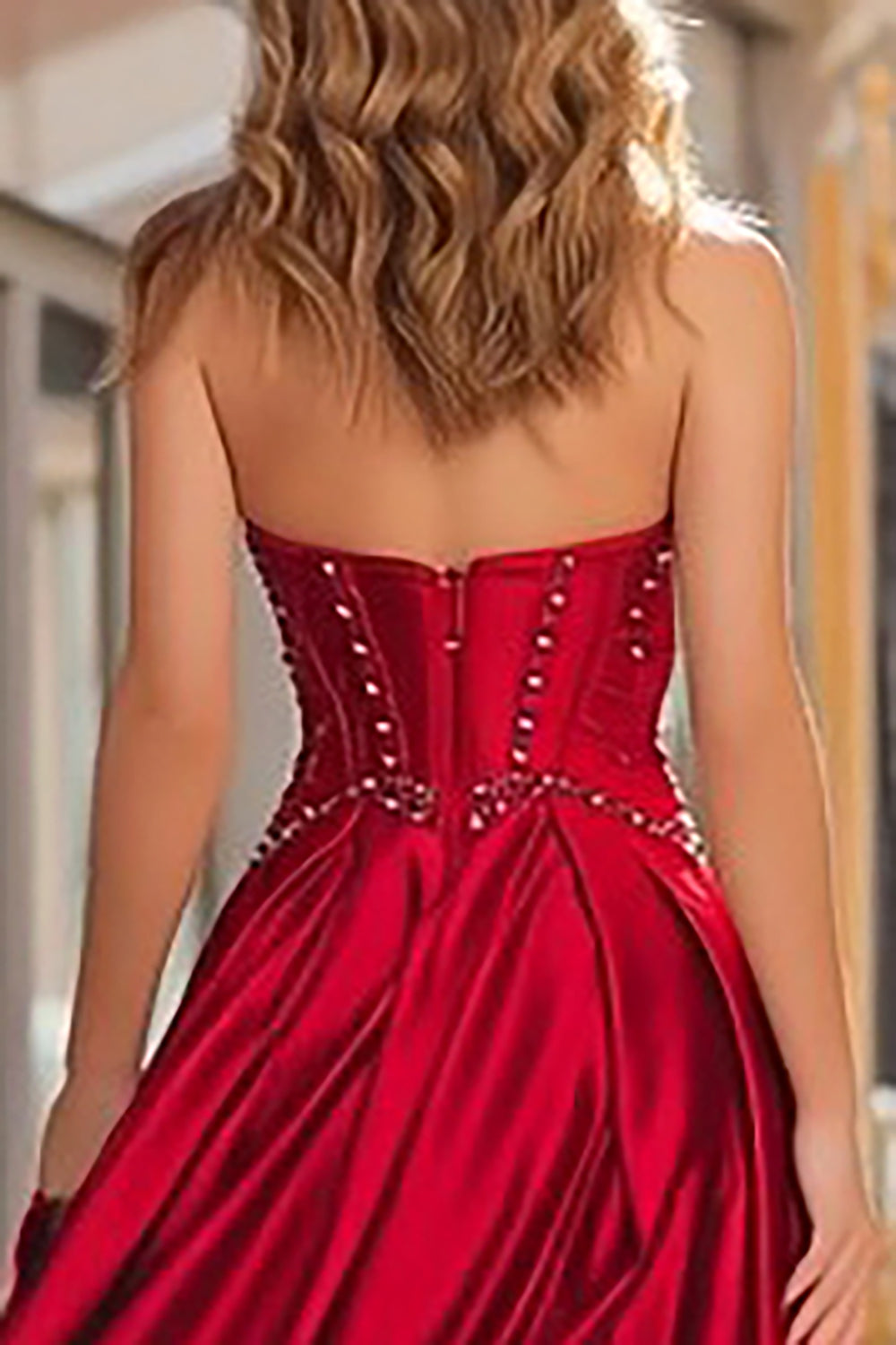 Red Strapless Beaded A Line Prom Dress
