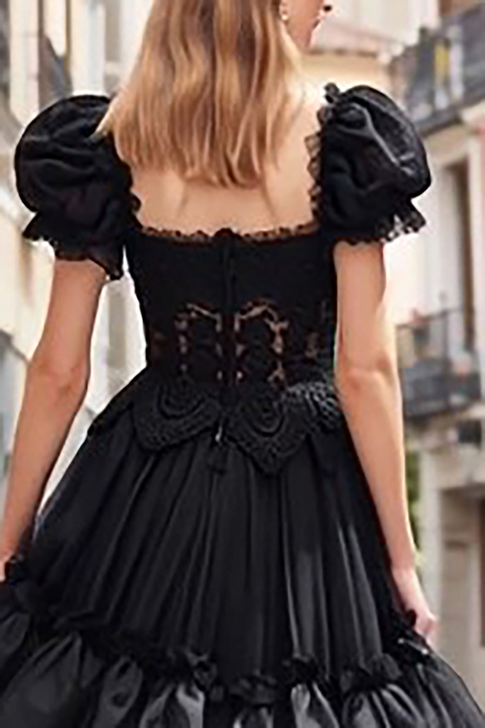 Black Square Neck Ruffled A Line Prom Dress with Lace