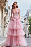 Tiered Pink V Neck Lace A Line Prom Dress