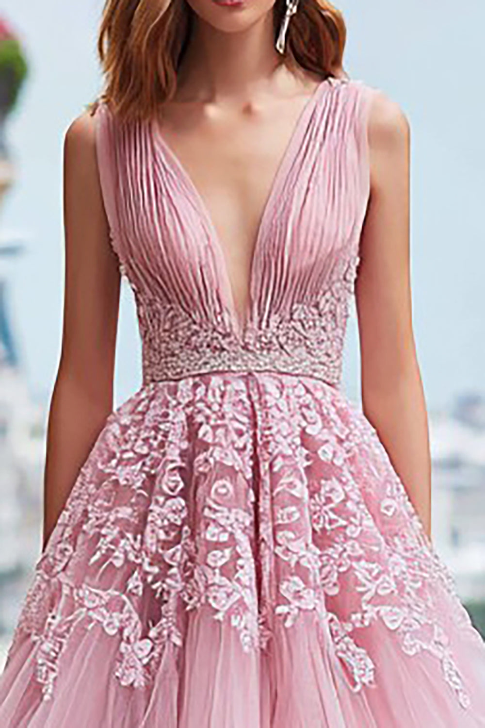 Tiered Pink V Neck Lace A Line Prom Dress