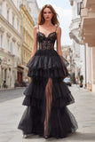 Tiered Spaghetti Straps Black A Line Lace Prom Dress