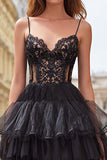 Tiered Spaghetti Straps Black A Line Lace Prom Dress
