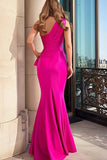 One Shoulder Fuchsia Mermaid Ruched Prom Dress with Ruffles