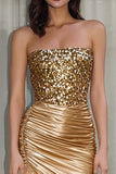Gold Strapless Sequin Ruched Prom Dress