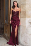 Strapless Mermiad Sequin Ruched Burgundy Prom Dress