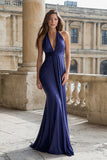 Navy Ruched Sleeveless Long Prom Dress