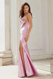 Pink Mermaid Strapless Satin Prom Dress with Rhinestones