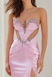 Pink Mermaid Strapless Satin Prom Dress with Rhinestones