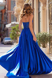 Royal Blue A Line Strapless Prom Dress with Slit