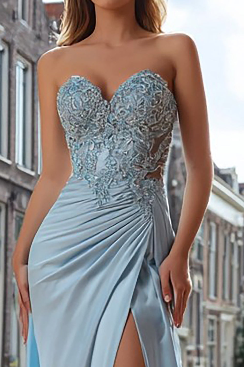 Sky Blue Sweetheart Ruched Prom Dress with Appliques