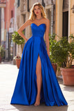 Strapless Satin Royal Blue A Line Prom Dress