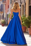 Strapless Satin Royal Blue A Line Prom Dress