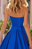 Strapless Satin Royal Blue A Line Prom Dress