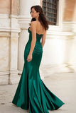 Strapless Satin Dark Green Beaded Mermaid Prom Dress
