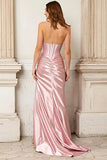 Pink Sheath Corset Satin Strapless Prom Dress