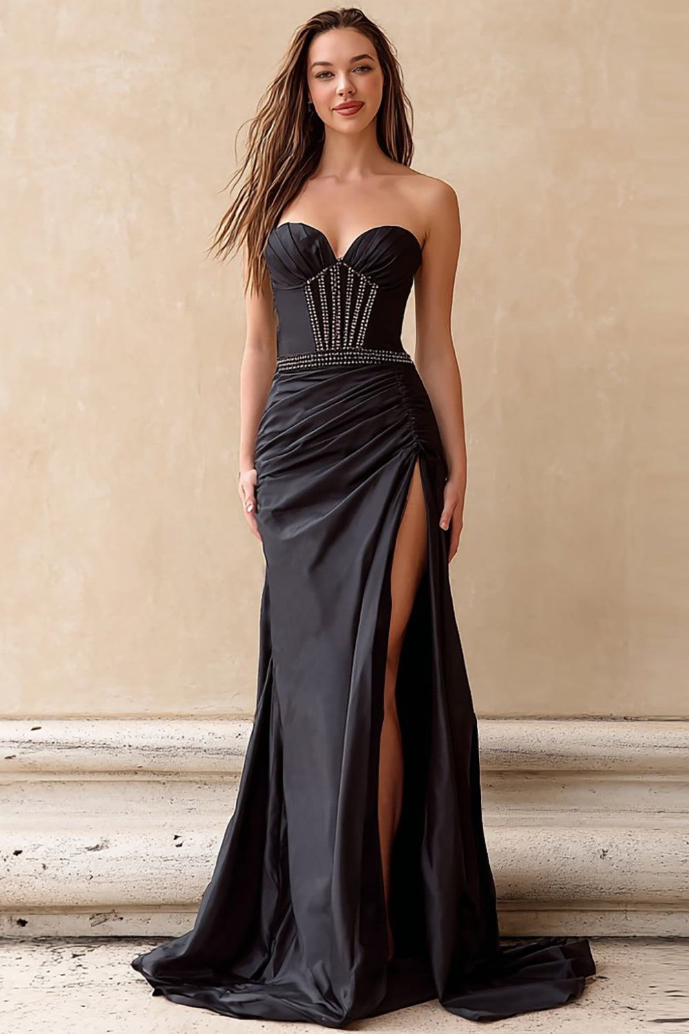 Black Strapless Sheath Beaded Prom Dress with Slit