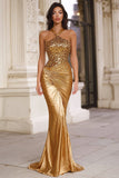 Gold Halter Mermaid Sequin Satin Prom Dress