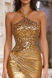 Gold Halter Mermaid Sequin Satin Prom Dress