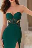 Dark Green Sequin Cut Out Mermaid Strapless Prom Dress