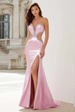 Pink Cut Out Strapless Beaded Prom Dress