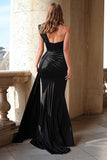 One Shoulder Black Mermaid Ruched Prom Dress with Side Cape