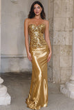 Gold Strapless Sheath Satin Sequin Prom Dress