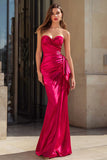 Strapless Ruched A Line Fuchsia Prom Dress