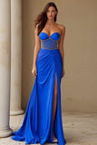 Royal Blue Strapless Corset Prom Dress with Rhinestones