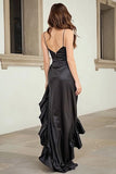 Black High Low Spaghetti Straps Prom Dress with Ruffles