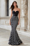 Black White Dot Mermaid Strapless Prom Dress