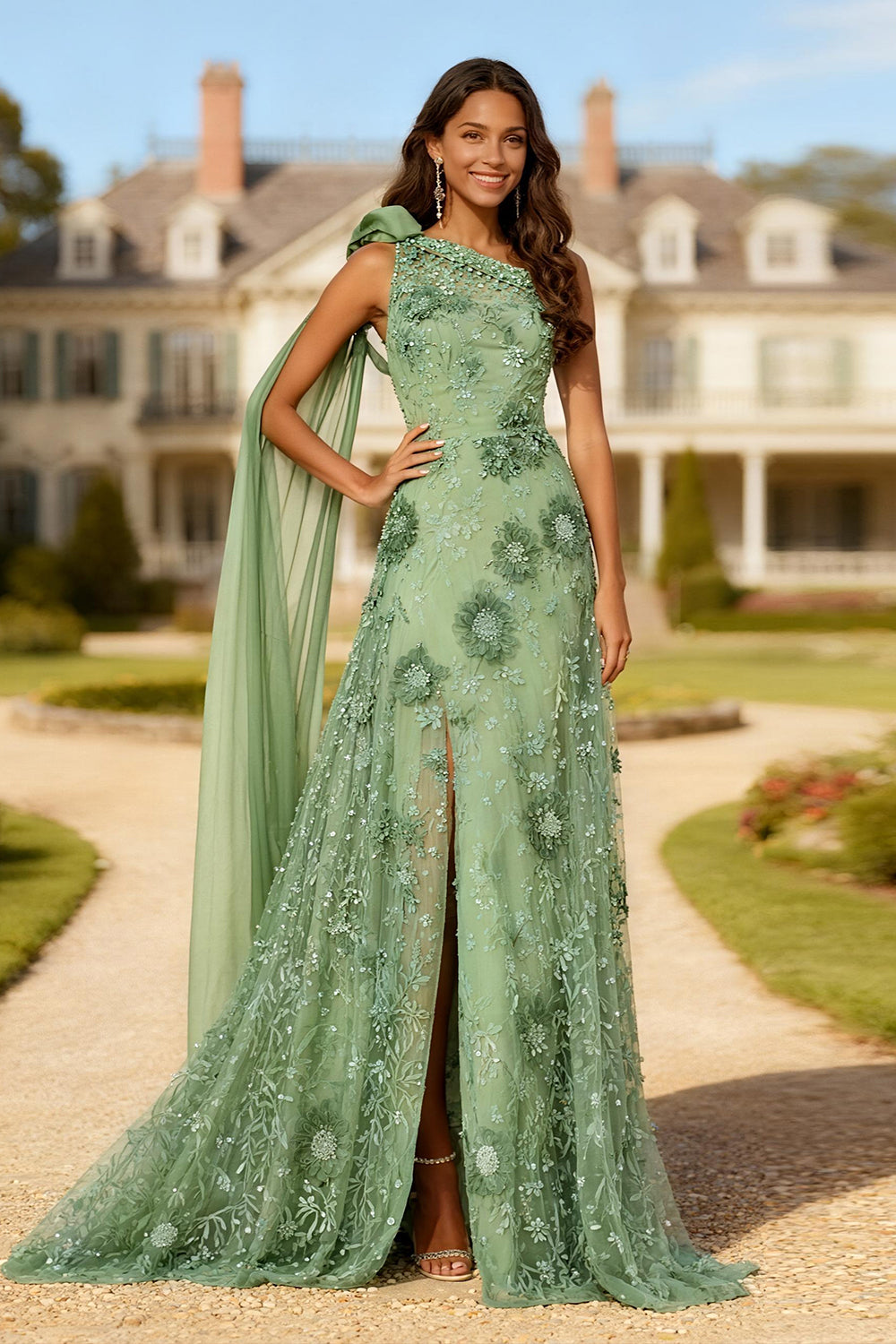 One Shoulder A Line Eucalyptus Prom Dress with Appliques