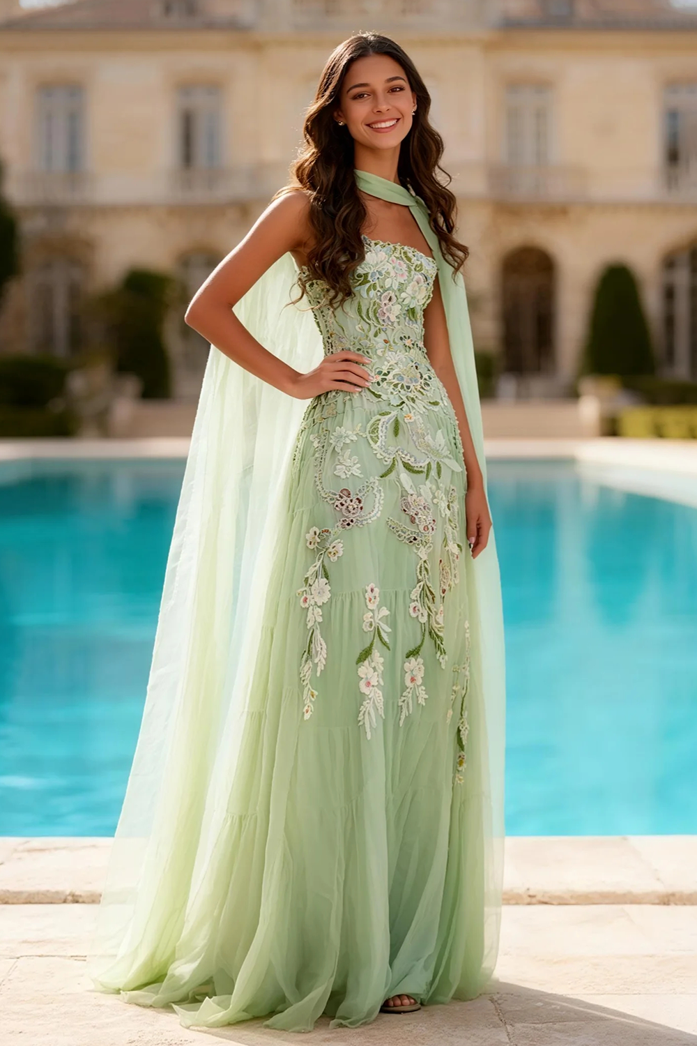 Dusty Sage Appliqued A Line Prom Dress with Cape