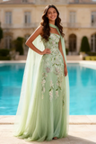 Dusty Sage Appliqued A Line Prom Dress with Cape