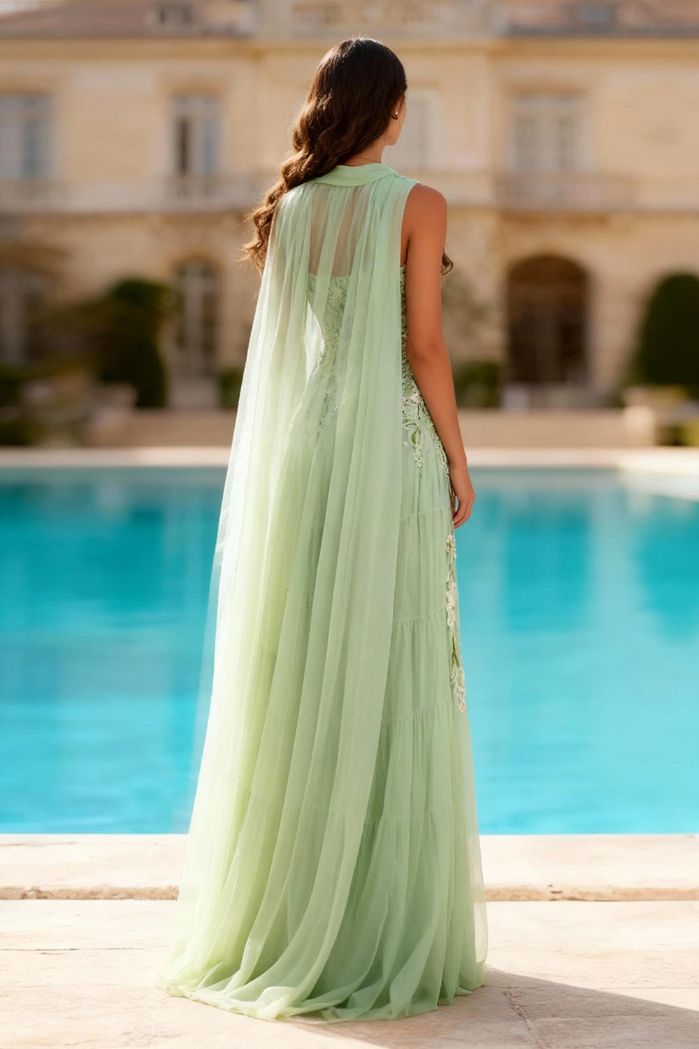 Dusty Sage Appliqued A Line Prom Dress with Cape