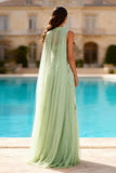 Dusty Sage Appliqued A Line Prom Dress with Cape