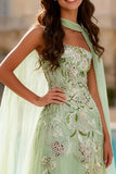Dusty Sage Appliqued A Line Prom Dress with Cape