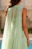 Dusty Sage Appliqued A Line Prom Dress with Cape