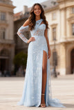 One Shoulder Sheath Sky Blue Prom Dress with Lace