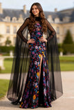Long Sleeve Halter Mermiad Black Floral Prom Dress with Cape