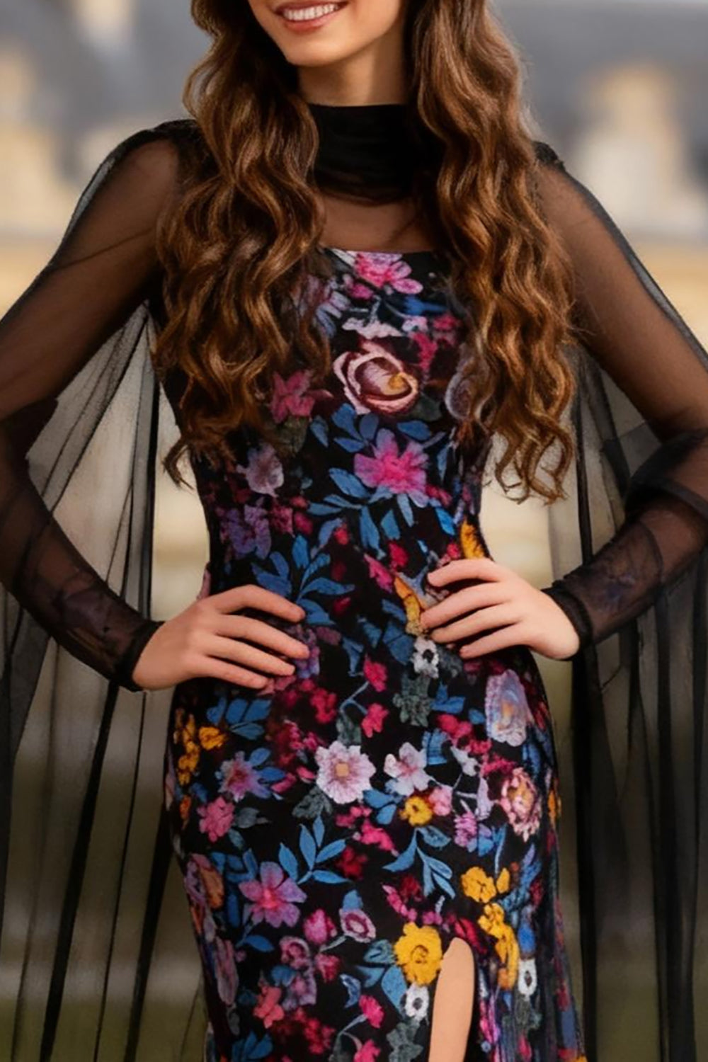 Long Sleeve Halter Mermiad Black Floral Prom Dress with Cape