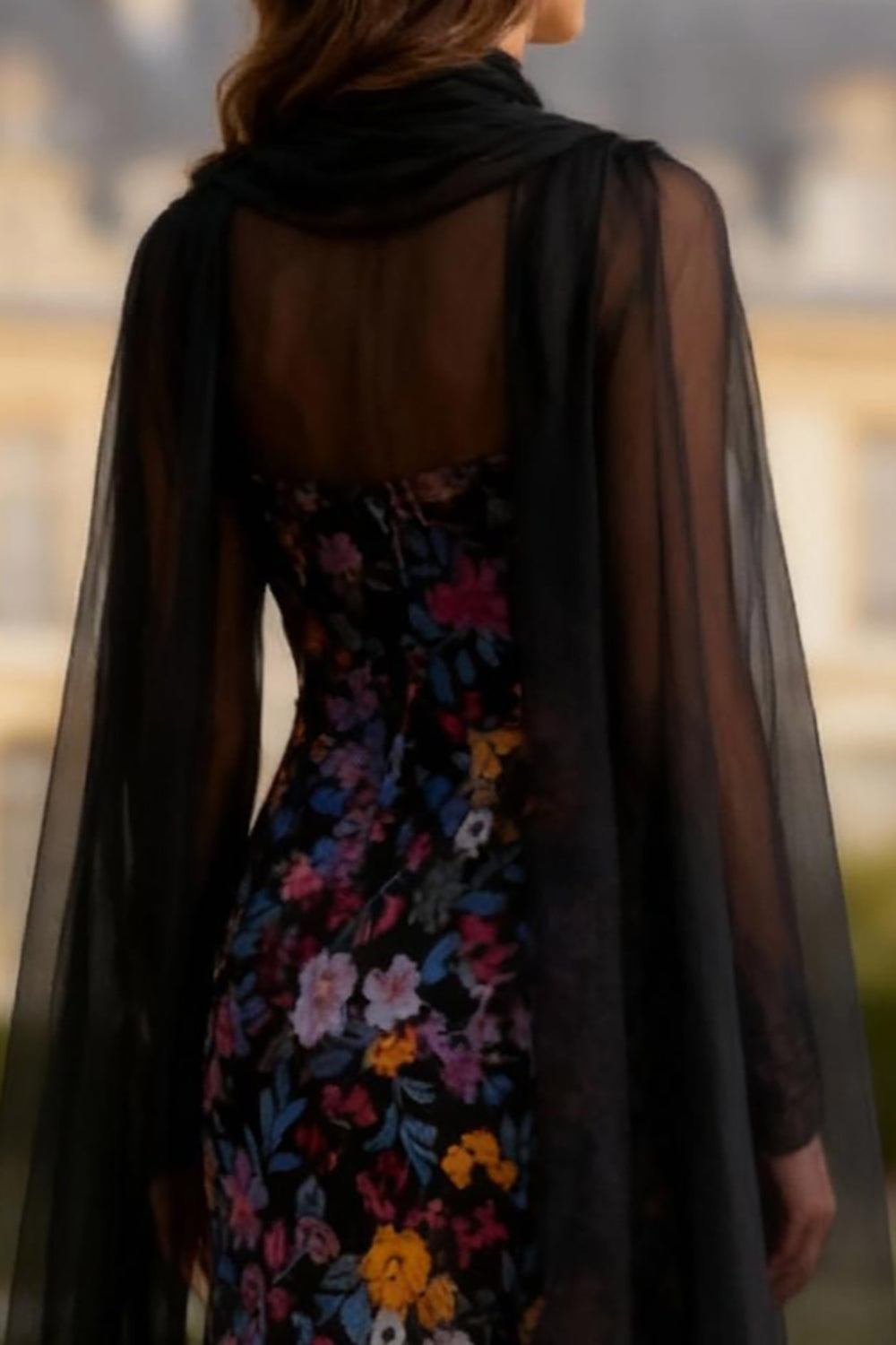 Long Sleeve Halter Mermiad Black Floral Prom Dress with Cape