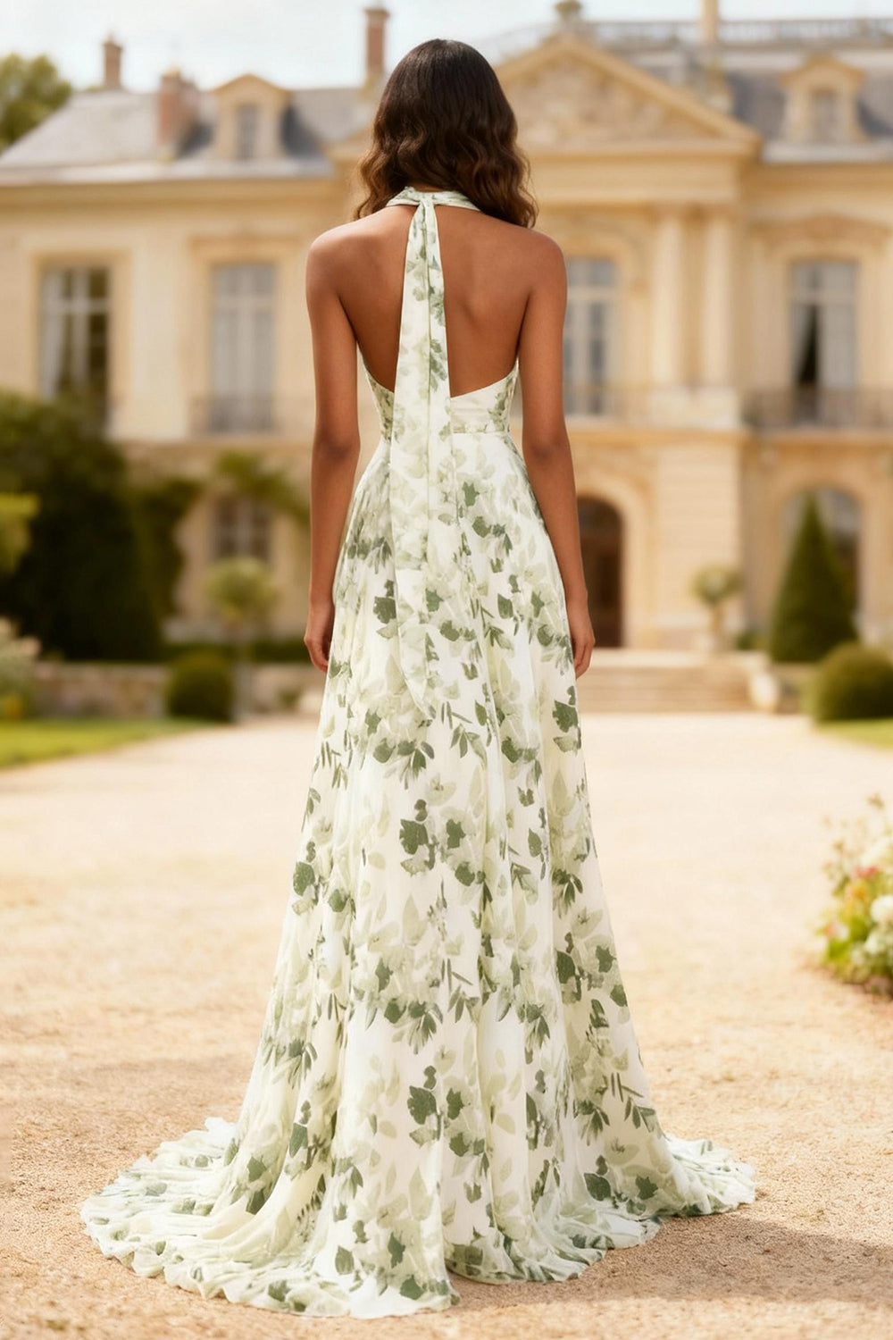 Dusty Sage Floral Strapless A Line Prom Dress