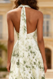 Dusty Sage Floral Strapless A Line Prom Dress