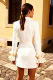 White Peaked Lapel Long Sleeve Engagement Dress with Belt