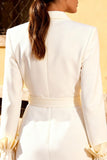 White Peaked Lapel Long Sleeve Engagement Dress with Belt