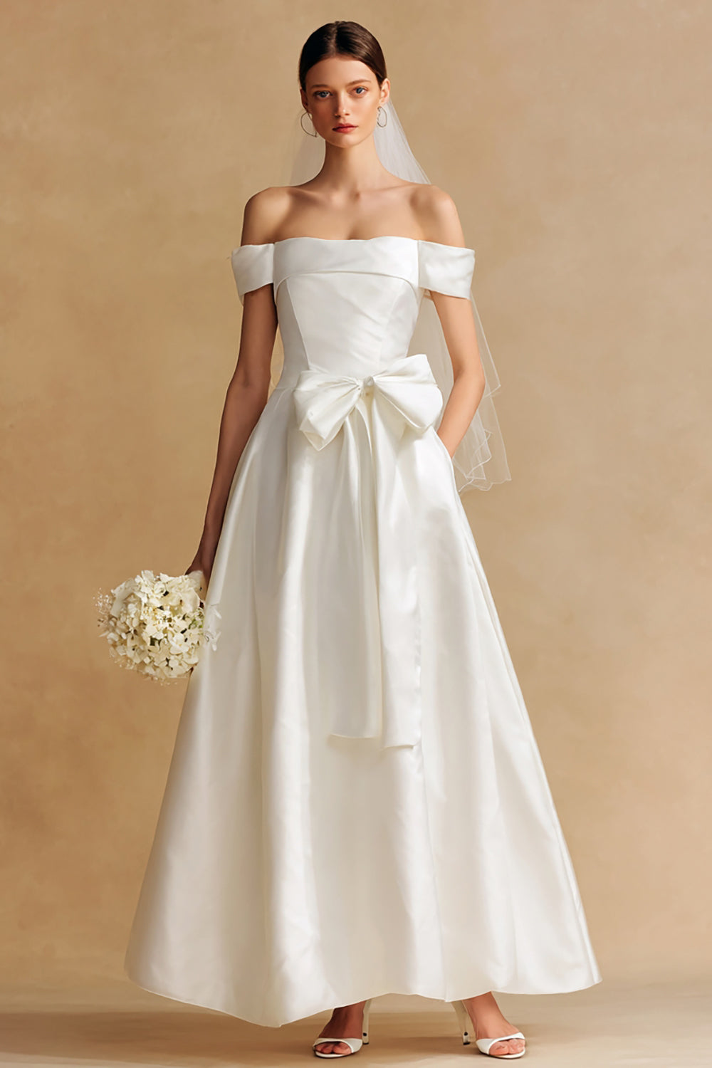 Off the Shoulder Bowed A Line White Maxi Engagement Dress