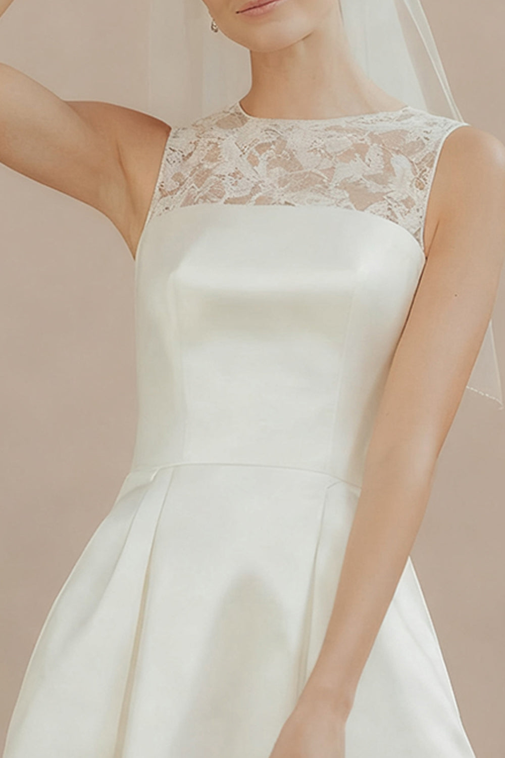 White A Line Satin Sleeveless Engagement Dress with Lace