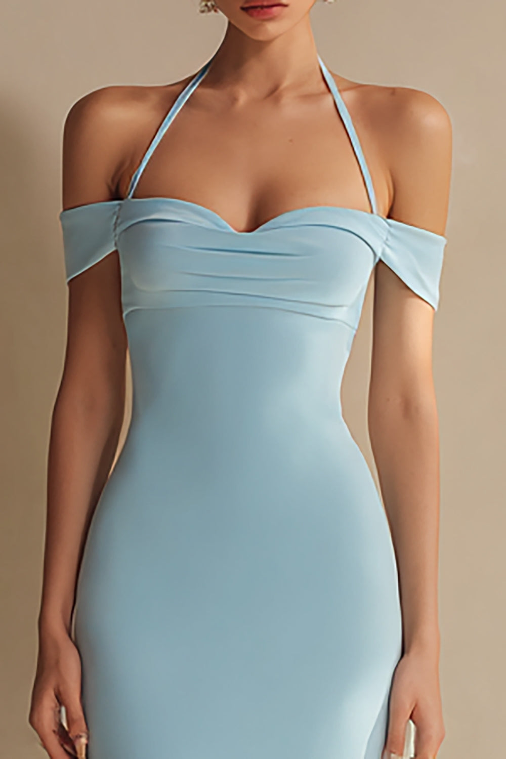 Simple Off the Shoulder Halter Sky Blue Evening Dress