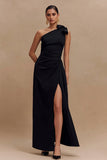One Shoulder Bowed Black A Line Evening Dress