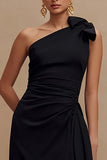 One Shoulder Bowed Black A Line Evening Dress